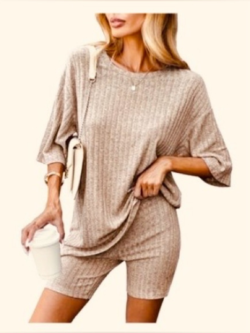 Women’s Ribbed Knit Lounge Set oversized soft two piece Comfy set in Beige Cream